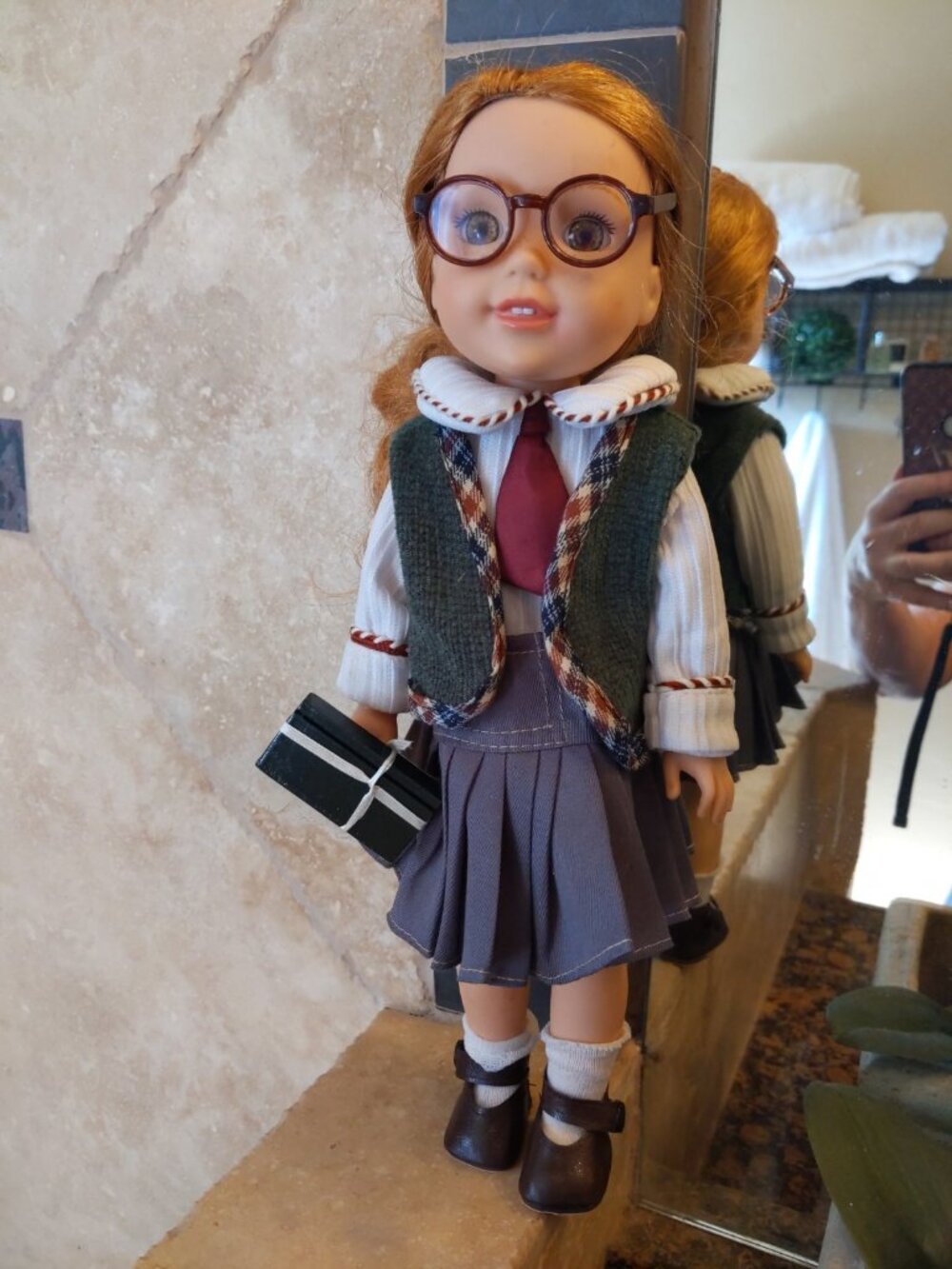American Girls Wellie Wishers Willa dressed in cute school girl outfit